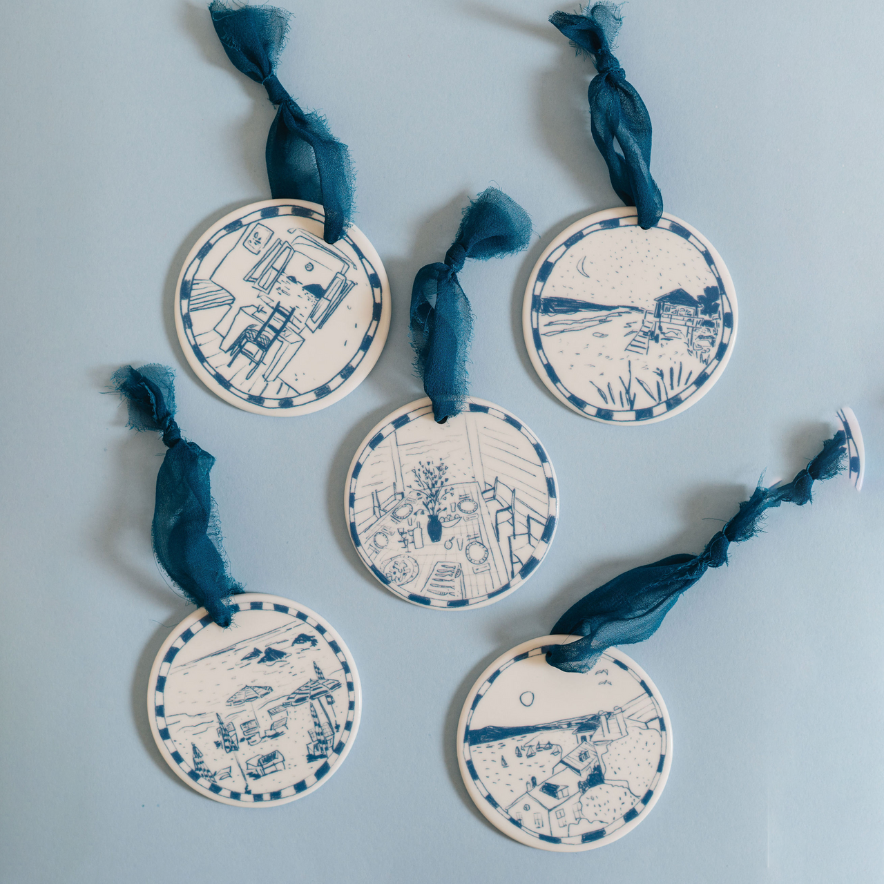 Set of Five Illustrated Ornaments